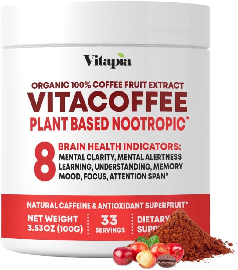 Vitacoffee Caffeine Coffee Fruit Powder for Energy, Memory, Focus, Antioxidant, Metabolism, Skin Health Support - 100g & 33 Day Supply - Non-GMO, Gluten-Free, Vegan Supplement