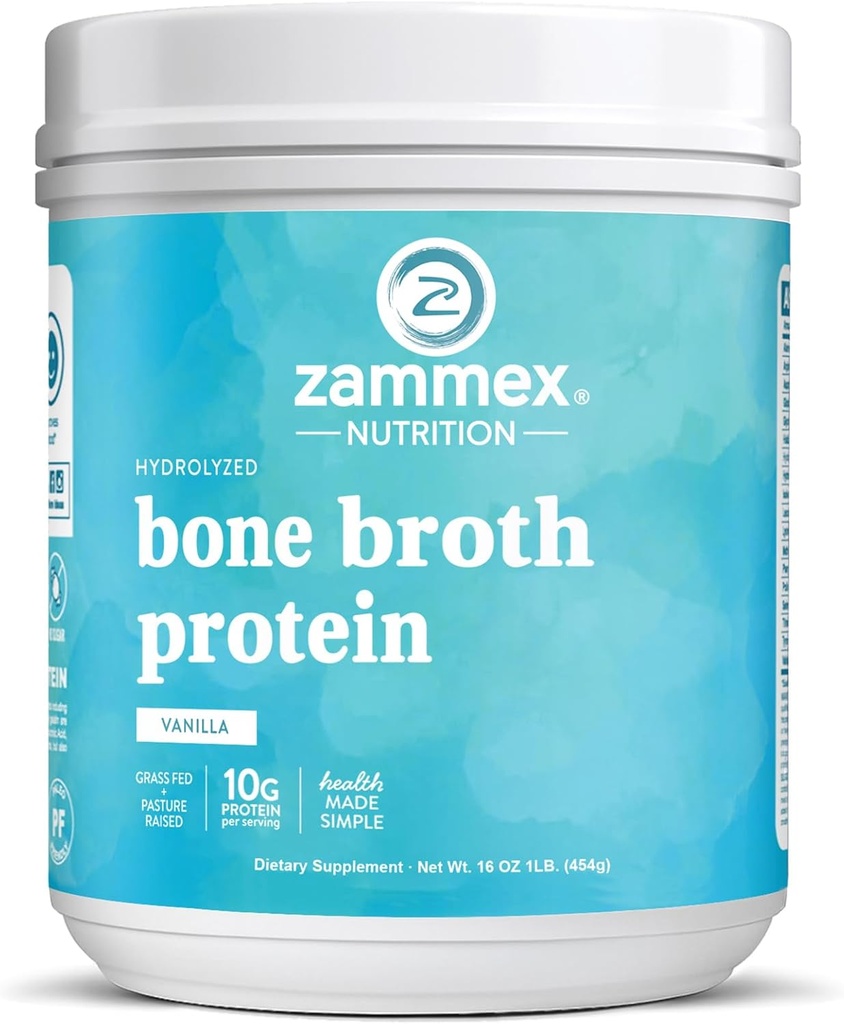 Zammex Bone Broth Protéine Poudre, Pure Grass Fed Beef, Vanilla Protéine Poudre, Supplément de collagène hydrolysé pour la peau saine, les ongles, le hair, les articulations, non-OGM, sans gluten, Great in Shakes