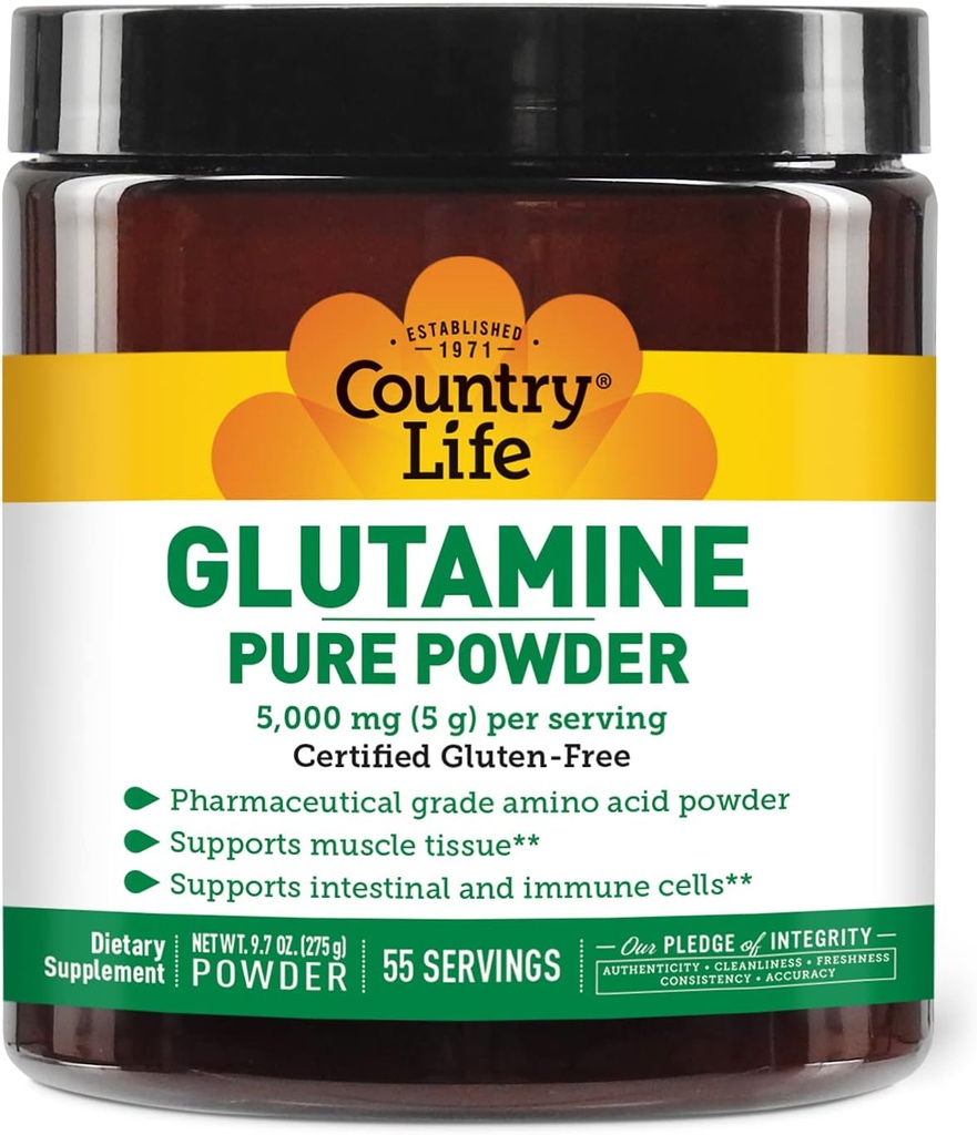 Country Life Glutamine Pure Poudre - 5000mg L-Glutamine - Tissu musculaire, Gut Health, Immune Support - Certifié sans gluten - Idéal avant/après l'entraînement Acid Amino Supplément, 55 portions, 9,7oz