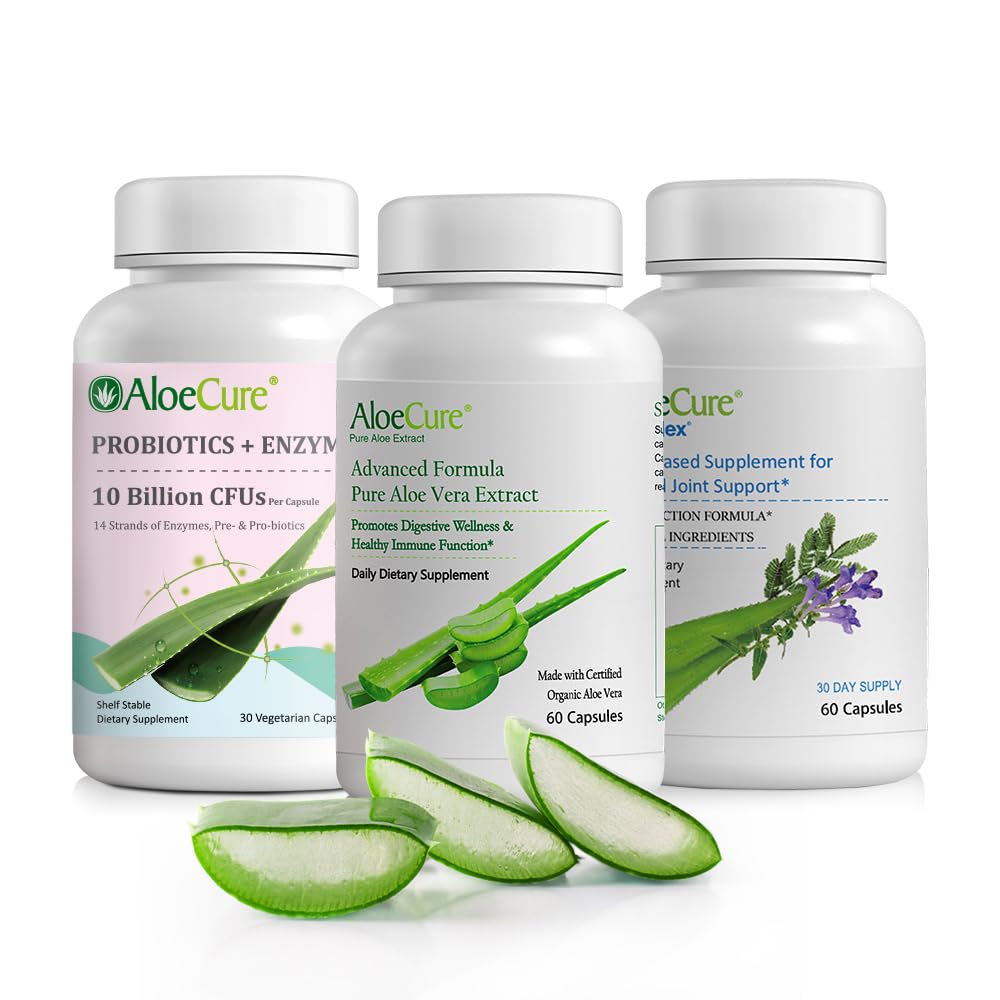 AloeCure Organic Aloe Vera Capsules Pack - 3 Pièces - VeraFlex, Aloe Vera Capsules, Probiotiques + Enzymes