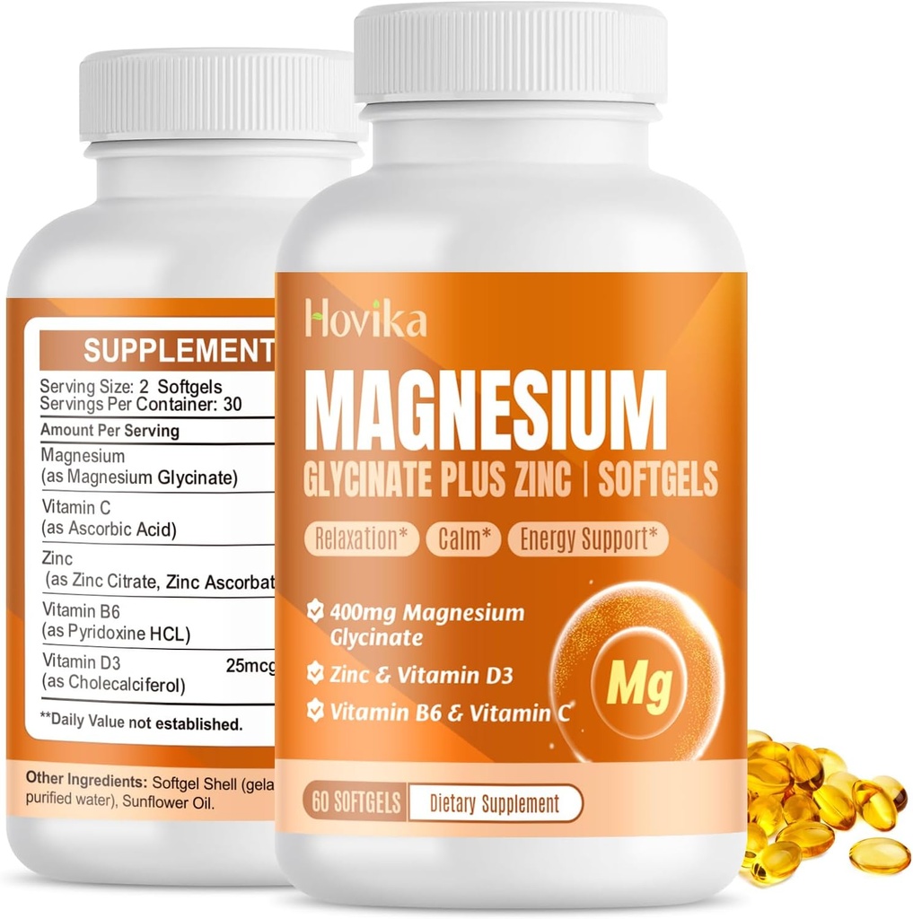 Magnesium Glycinate Supplement Softgels, Magnesium Glycinate 400mg with Zinc, Vitamin B6, C, D3, Pure Magnesium for Sleep, Calm, Muscle, Energy, Heart Support - 60 Vegan Capsules for Women & Men