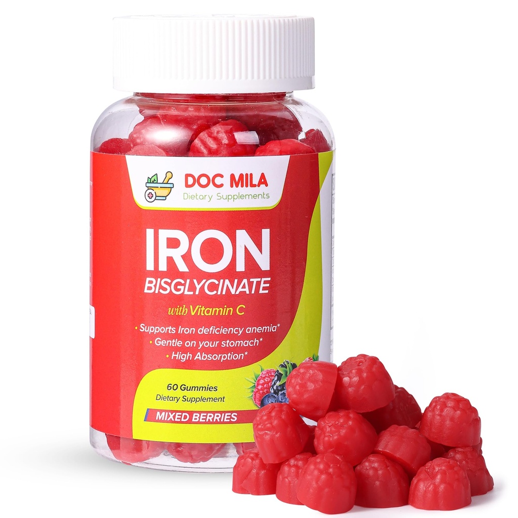 Supplément de fer pour les enfants et les adultes - Gommies de bisglycinate de fer 25mg avec VIT liposomique C - Supplément de fer chélaté pour les femmes et les hommes - 60 Gommies, 1 mois d'approvisionnement