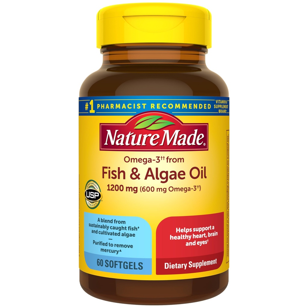 Nature fait Omega 3 suppléments huile de poisson et d'algue, 1200mg, huile d'algue et mélange huile de poisson, Omega 3 supplément pour le cœur, cerveau et les yeux, un par jour, 60 Softgels