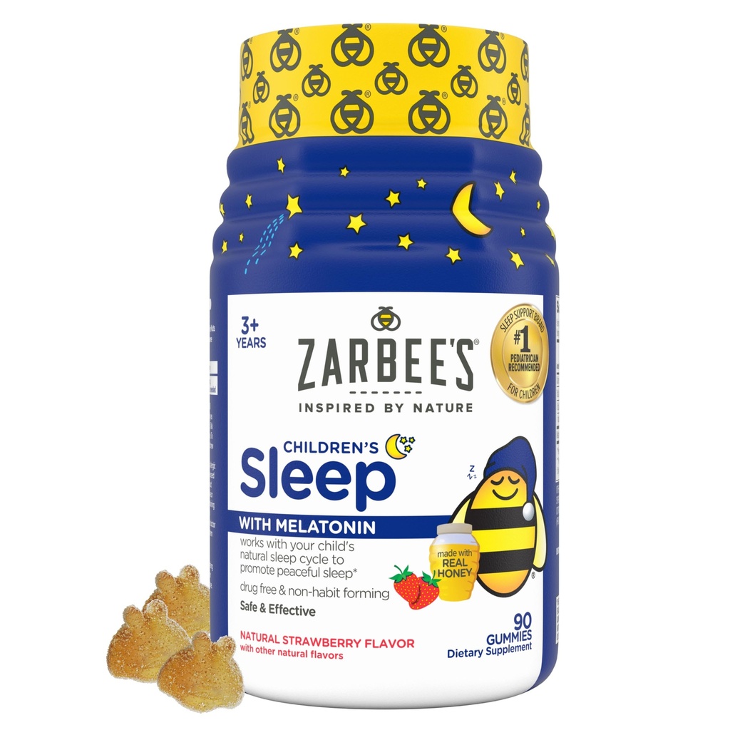 Zarbee's Kids Melatonin Gummies with 1mg Melatonin, Kids Sleep Gummy, Promotes Peaceful Sleep, Drug-Free, Non-Habit-Forming, Natural Strawberry, 90 ct
