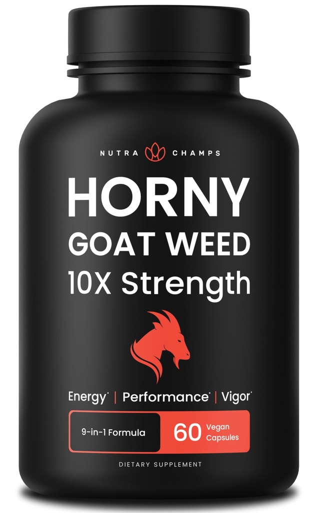 NutraChamps Horny Goat Weed, 1000mg Supplément d'énergie Epimedium, 10X Fort Icariin, Ginseng, Tribulus et pilules de Maca pour les femmes et les hommes, Absorption améliorée avec du poivre noir, 60 capsules végétaliennes