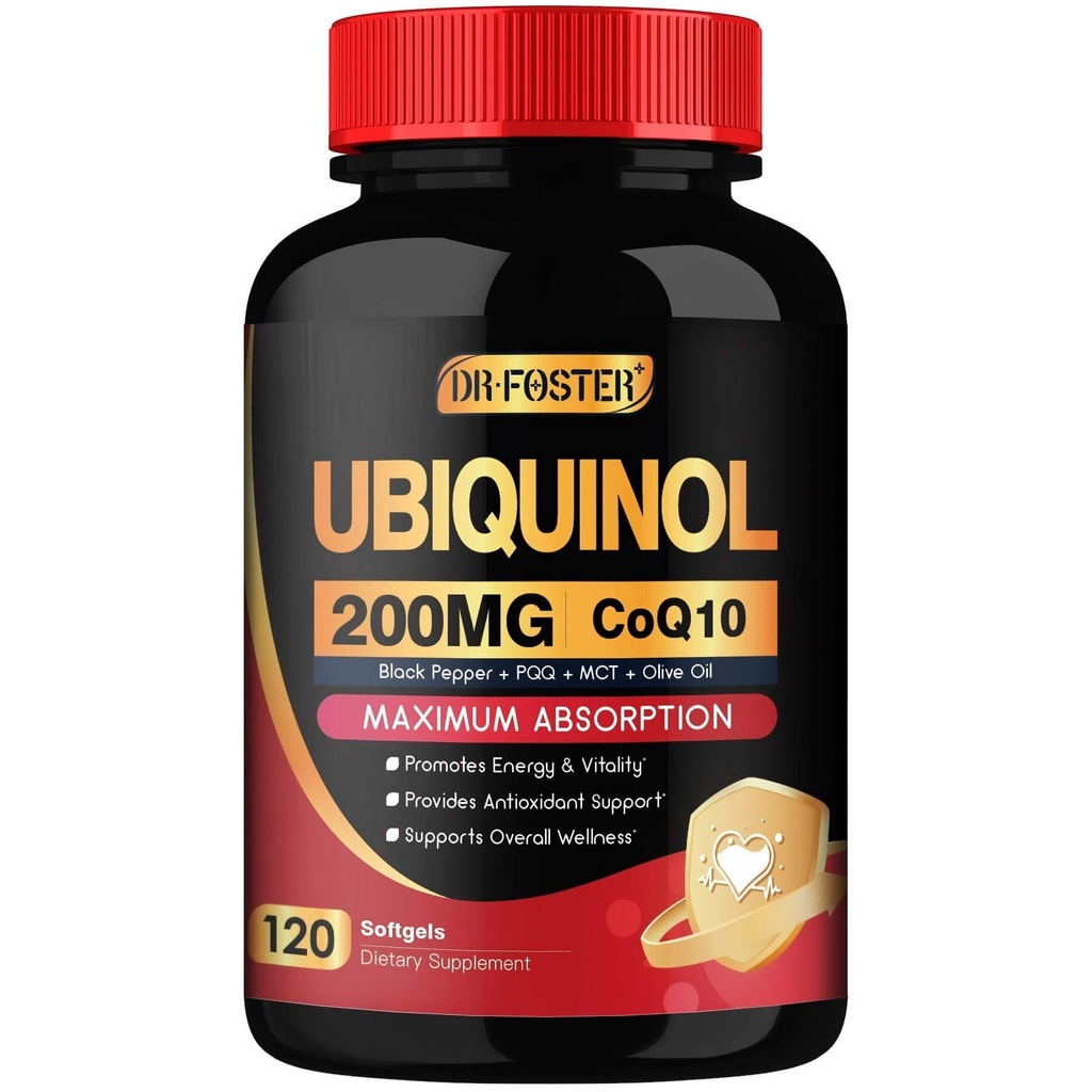 DRFOSTER Coq10 Ubiquinol 200mg, Coq10 200mg Softgels, Max Absorption Ubiquinol avec vitamine E et PQQ et poivre noir, puissant antioxydant, 120 Softgels