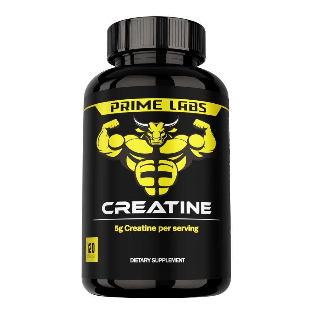 Prime Labs Capsules monohydratées de créatine - 5g (5000mg) - Croissance musculaire, récupération, fonction cérébrale - pour les hommes et les femmes - 120 Compte