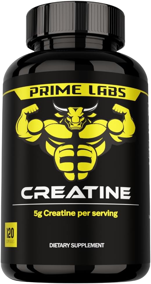 Prime Labs Capsules monohydratées de créatine - 5g (5000mg) - Croissance musculaire, récupération, fonction cérébrale - pour les hommes et les femmes - 120 Compte