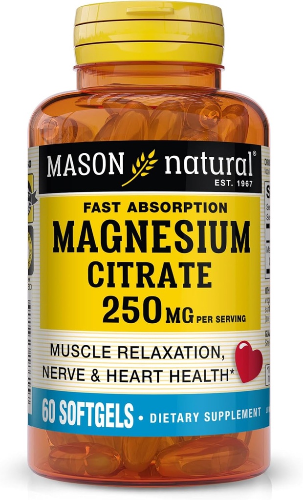 Mason Natural Magnesium Citrate 250 mg, Fast Absorption Softgels, 30 Day Supply