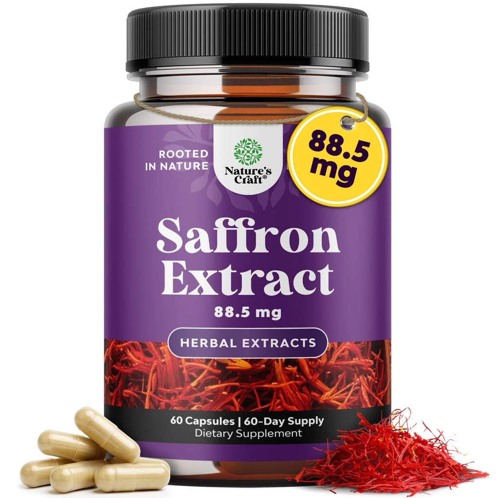 Pure Extract of Saffron Supplements - Crocus Sativus Flower of Saffron Extract Capsules for Good Mood, Metabolism Support & Eye Health - Vitality & Mood Enhancer for Women & Men - 60 Count