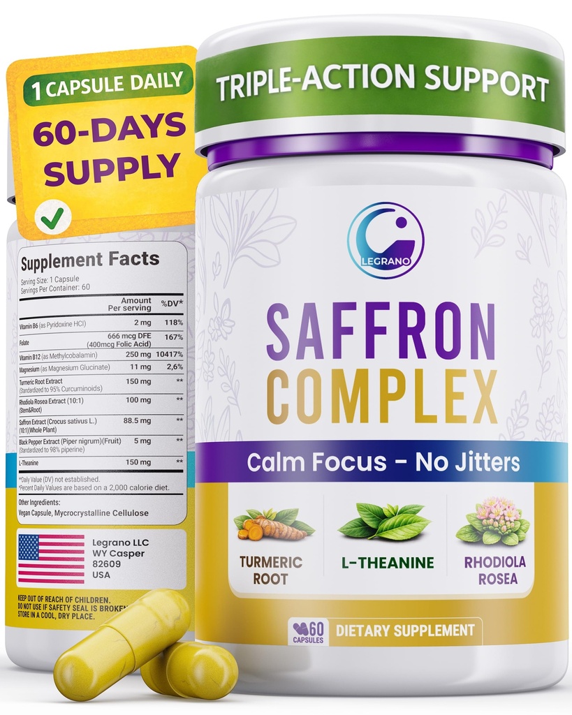 Premium Saffron Supplement with Turmeric Curcumin, L-Theanine, Magnesium & Rhodiola Rosea – Organic Saffron Extract Capsules for Mood, Energy & Vision Support (60 Capsules 2 Month Support)