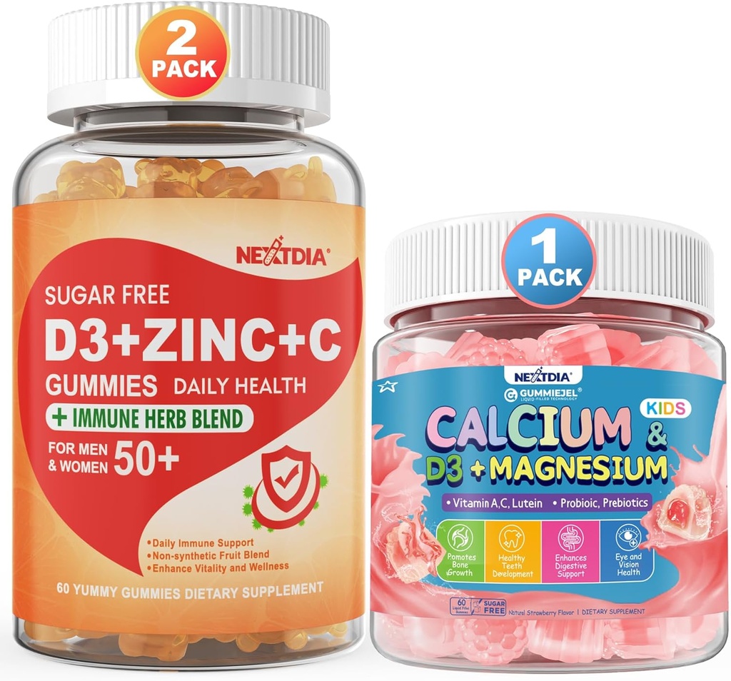 Sans sucre Vitamine C + D3 + Gommies de zinc pour adultes 50+ & Calcium + D3 & Gommies remplies de magnésium pour enfants 4+