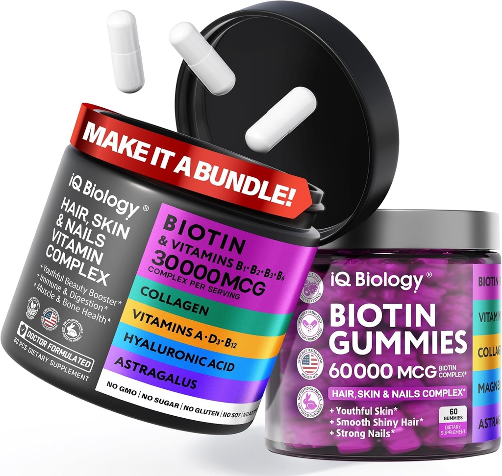 Biotin Groupe de croissance des cheveux - Biotin Vitamines & Capsules de kératine + Gommies capillaires avec Collagène & Astragalus - Peau des cheveux Nails Vitamines pour les femmes & les hommes