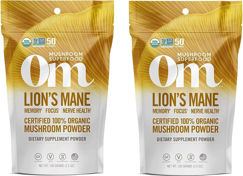 Om Poudre de champignons organiques Superfood, Lions Mane, 3.5 Ounce (50 portions)