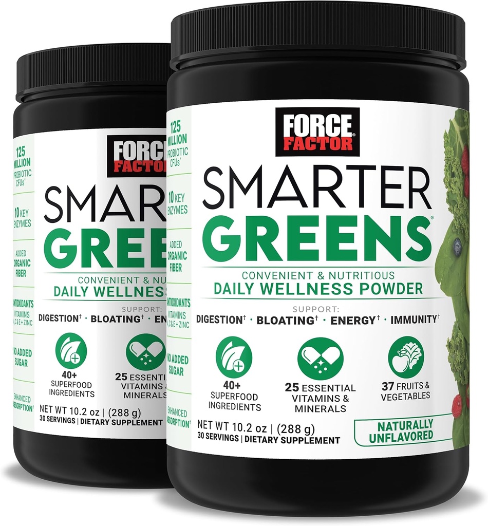 Facteur de force vert plus intelligent Daily Wellness Powder 2-Pack pour soutenir l'énergie, l'immunité et la digestion, Superfood Greens poudre avec des vitamines, minéraux et probiotiques, non aromatisé, 60 portions