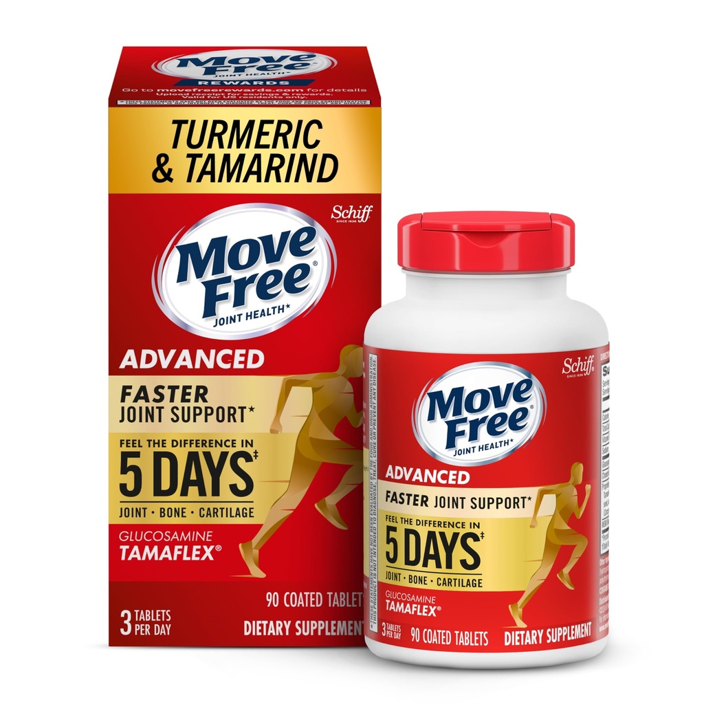 Move Free Advanced 5-Day Joint Support Supplement with Turmeric Curcumin & Tamarind (TamaFlex) Glucosamine, & Vitamin D3 for Joint Health, Bone Strength, Cartilage, and Knee Range of Motion. 90 Count