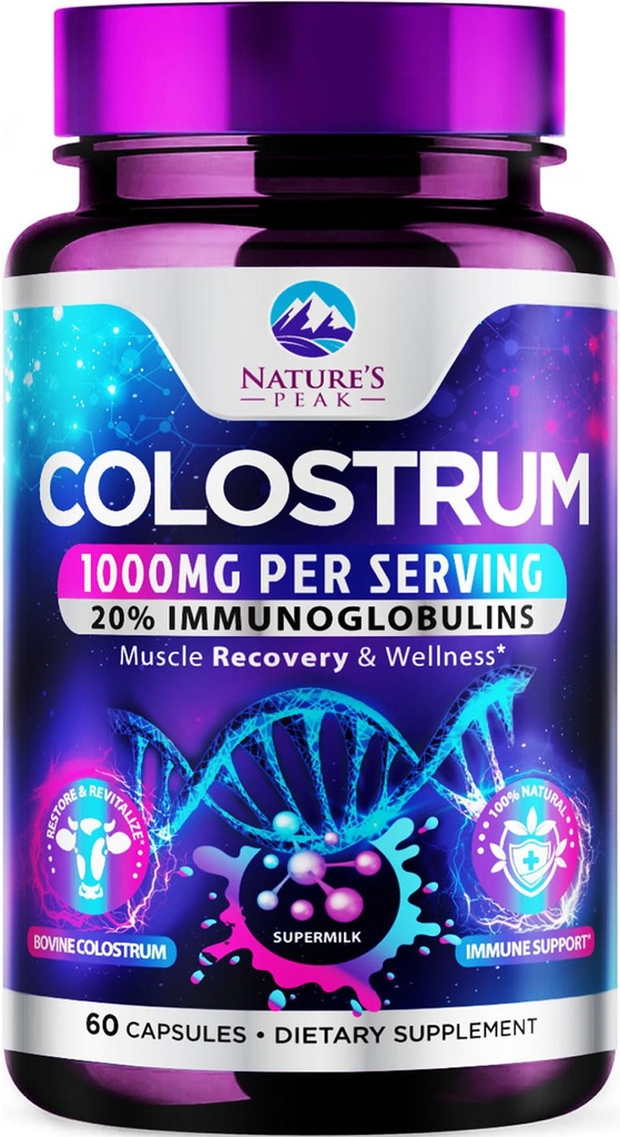 Bovine Colostrum Supplement 1000mg - with 20% Immunoglobulins (IgG) for Immunity & Immune Support, Energy & Gut Health, SP Colostrum Powder Pills, Gluten Free, Non-GMO & Bottled in USA - 60 Capsules