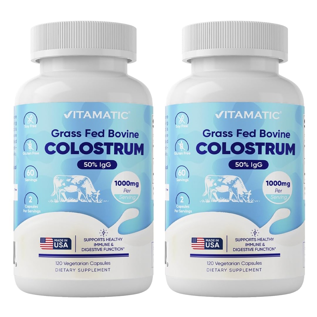 Vitamatic Bovine Colostrum Supplement 1000 mg per Serving - 50% Highest IgG - Supplement for Gut Health, Hair Growth, Beauty, Muscle Recovery, & Immune Support - 120 Capsules - 2 Pack
