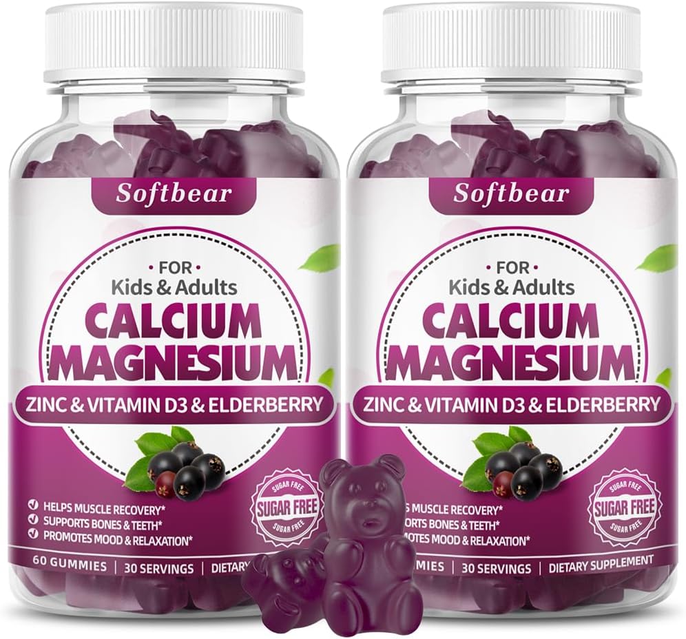 softbear Calcium Magnésium Zinc Gommies pour Adultes et Enfants, Sans Suagr Calcium Magnésium Zinc Vitamine D3 Supplément pour la force osseuse et la santé immunitaire, Arôme de la mûre d'âge 120 Comte