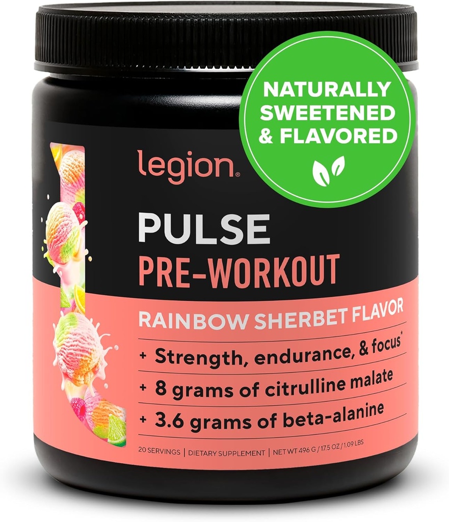 LEGION Pulse Pre Workout - All Natural Nitric Oxide Preworkout Drink to Boost Energy, Creatine Free, Naturally Sweetened, Beta Alanine, Citrulline, Alpha GPC (Rainbow Sherbet)