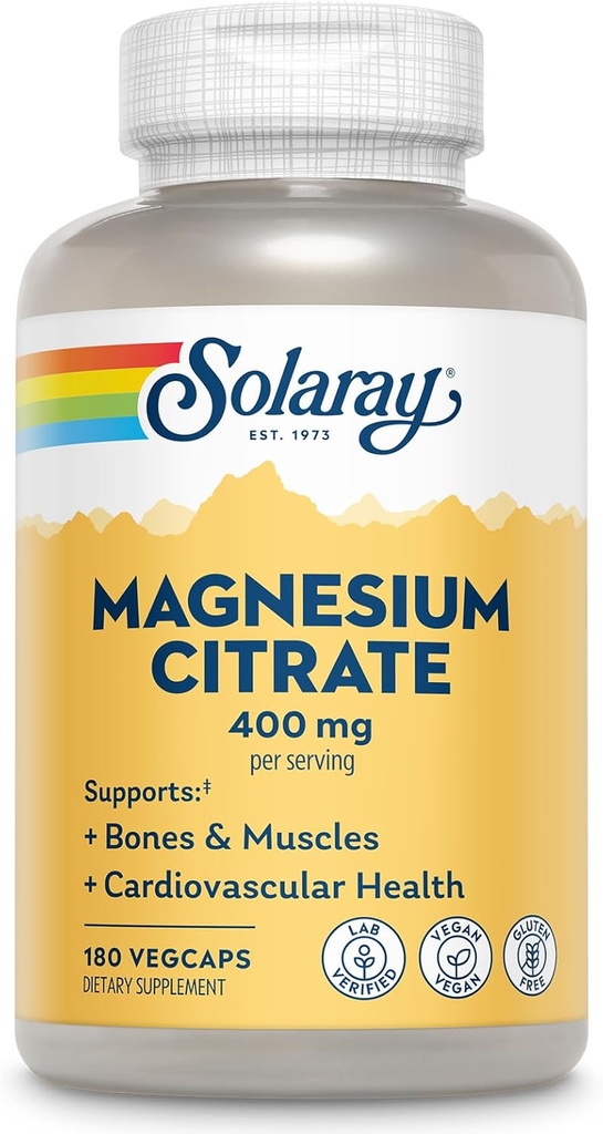 SOLARAY Citrate de magnésium 400mg - Supplément de magnésium - Santé osseuse, musculaire, relaxation et soutien de santé cardiaque - Absorption accrue, végétalien, sans gluten, garantie de 60 jours, 60 portions, 180 VegCaps