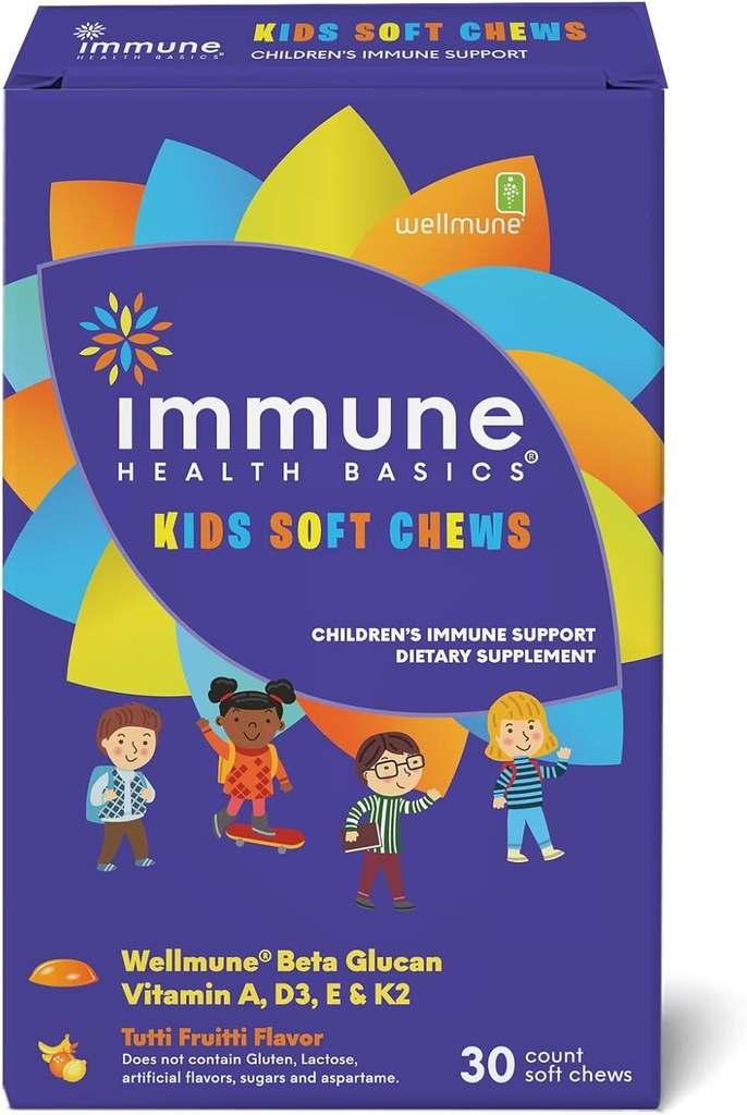 Kids Soft Chews with Wellmune® | Natural Beta Glucan Supplement for Immune Support & Daily Wellness | Allergen-Free & No Added Sugar | Tutti-Frutti Flavor, 30 Soft Chews