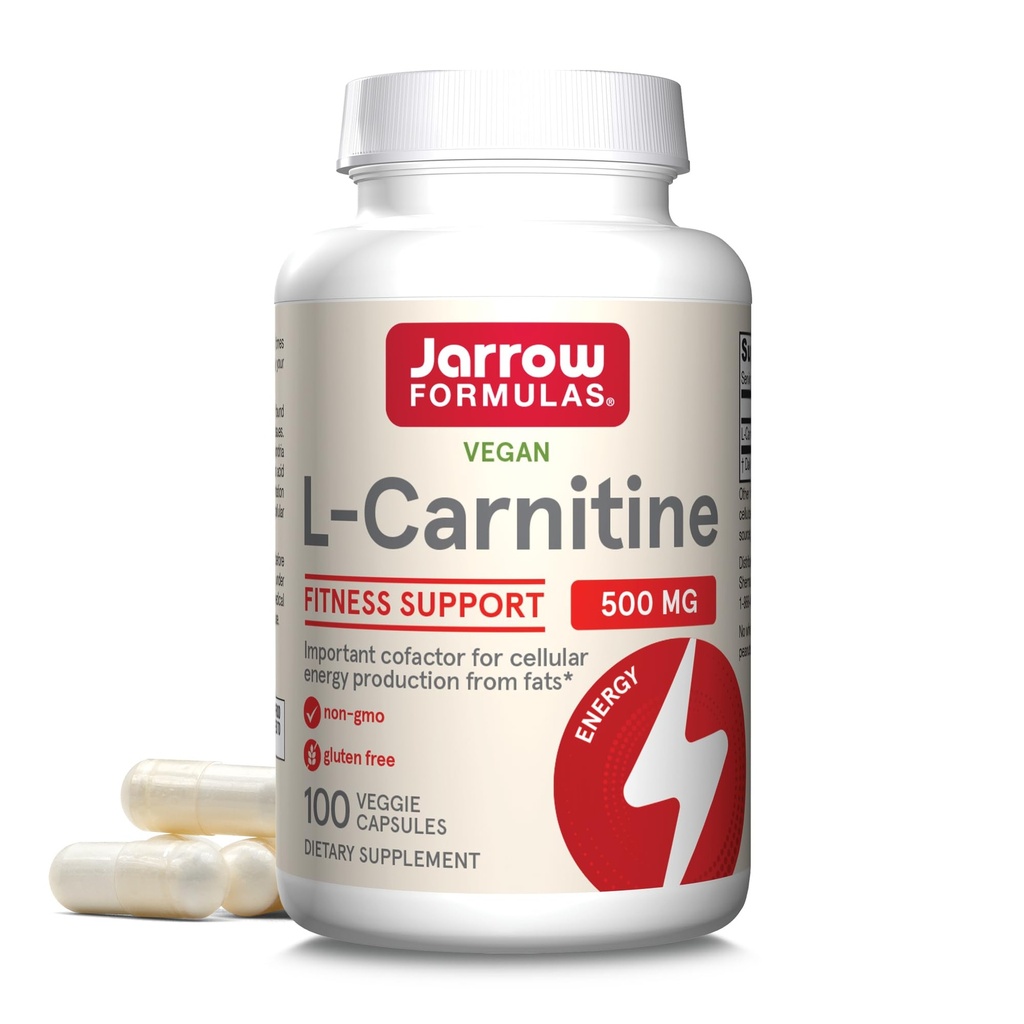 Jarrow Formulas L-Carnitine 500 mg, Dietary Supplement, Support for Cellular Energy Production, 100 Veggie Capsules, 100 Day Supply