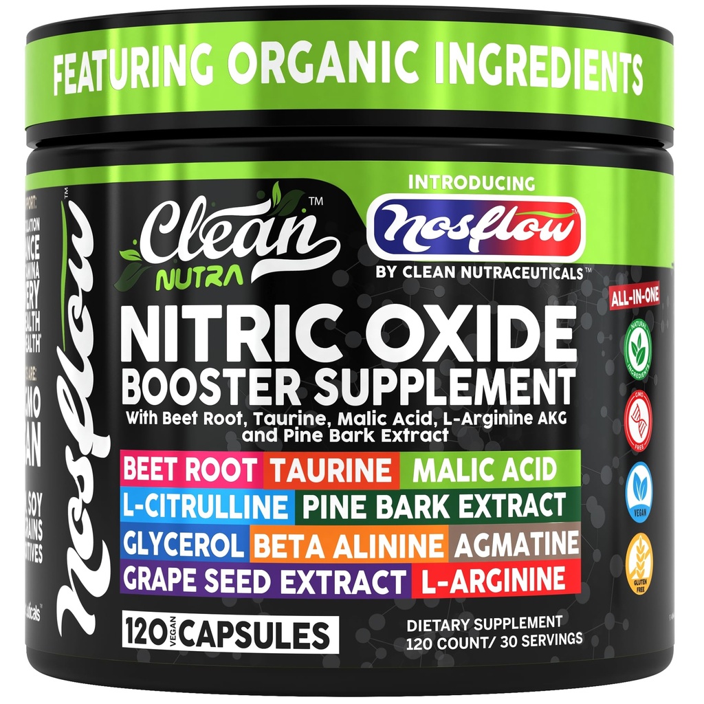 NosFlow Nitric Oxide Supplements for Men | Beet Root Taurine L-Arginine Malic Acid L-Arginine L-Citrulline Pine Bark Glycerol Agmatine Grape Seed Vitamin C B12 B3 By Clean Nutra