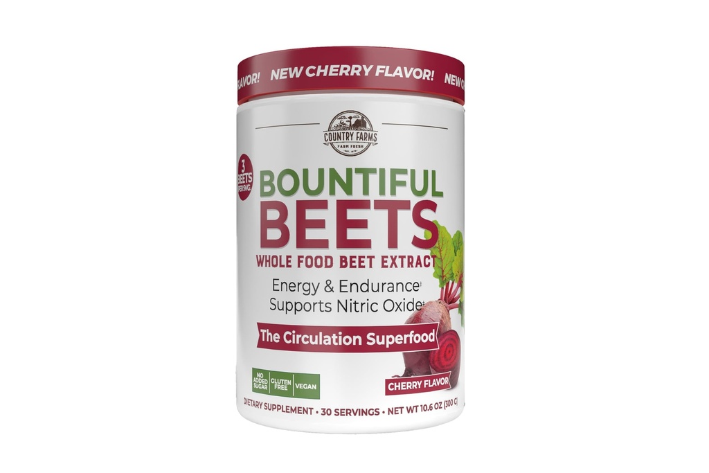 Country Farms Bountiful Beets, Wholefood Beet Extract Superfood, Helps Support Healthy Circulation and Promote Energy, Nitric Oxide Boost, Cherry Flavor, 30 Servings
