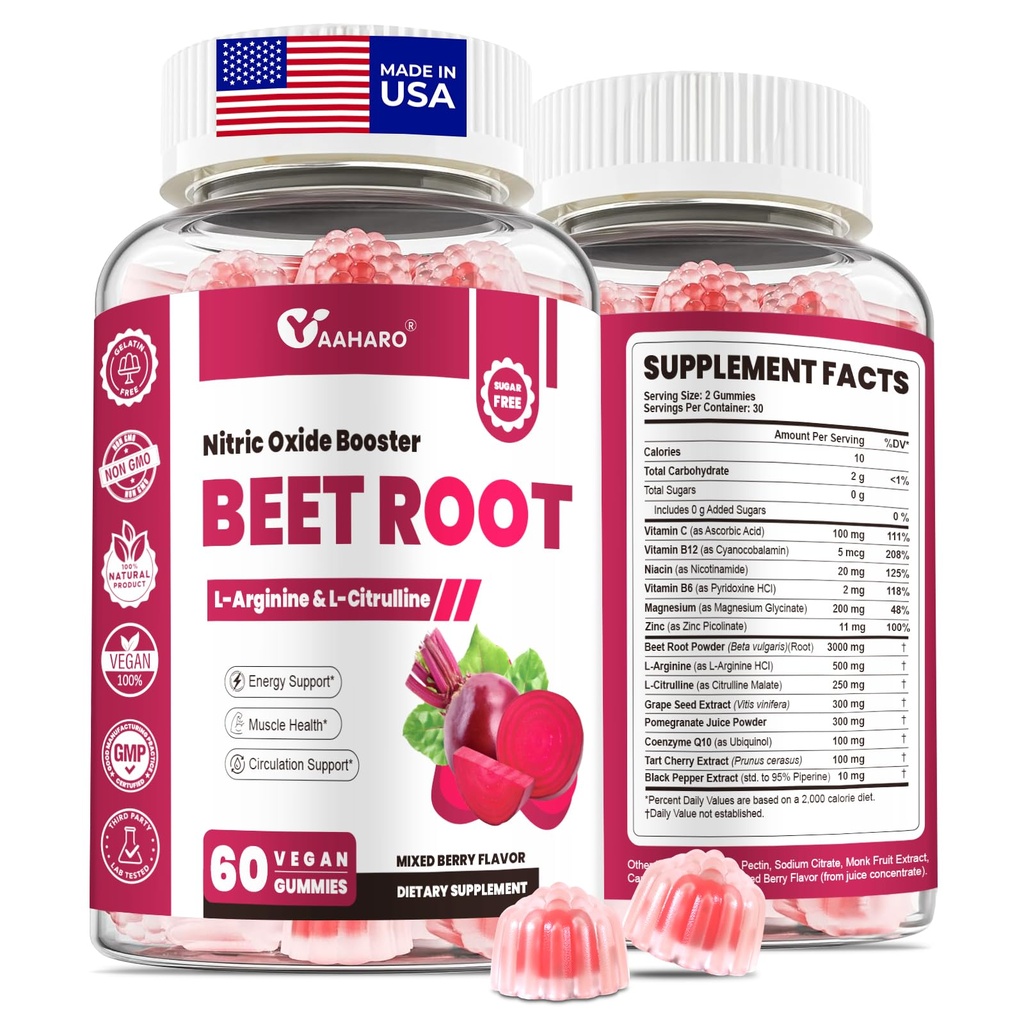 Gommies de racine de betterave - Suppléments d'oxygène nitrique pour les hommes et les femmes avec betterave, L-Citrulline et L-Arginine - Heart, Muscle & Circulation Support - Sans sucre, végétalien, mélange de fleur de baie, 60 Gommies