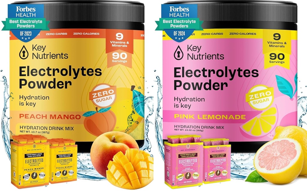 NUTRIENTS CLÉS Ultimate Hydratation & Recovery Electrolyte Bundle – Mango de pêche tropicale et citronade rose frais, sans sucre, 90 portions Chaque