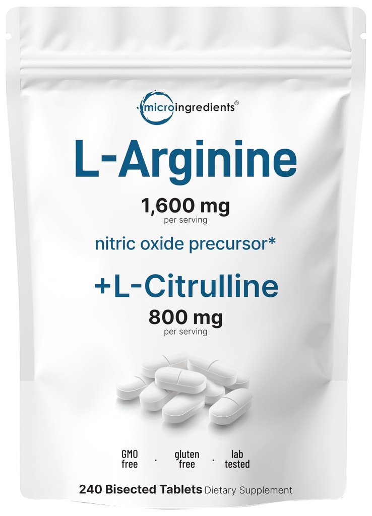 L-Arginine 1600mg Supplément à l'oxyde nitrique pour les hommes avec L-Citrulline, 240 comprimés biscatés.