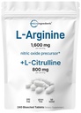 L-Arginine 1600mg Supplément à l'oxyde nitrique pour les hommes avec L-Citrulline, 240 comprimés biscatés.