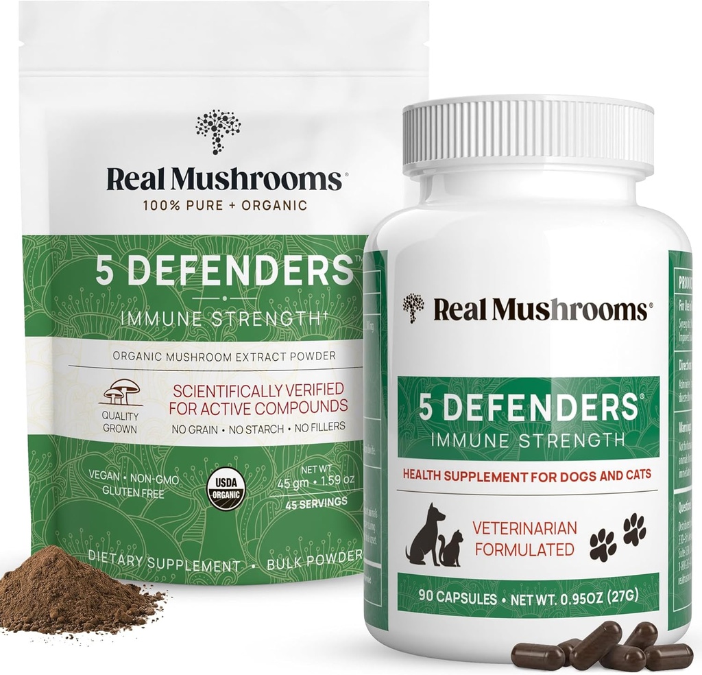 Real Mushrooms 5 Defenders for Humans (45g) & Pets (90ct) - Pouch & Capsules Bundle - Chaga, Shiitake, Maitake, Turkey Tail & Reishi Mushroom - pour Immune Strength & Global Wellbeing - Vegan, Non-OGM