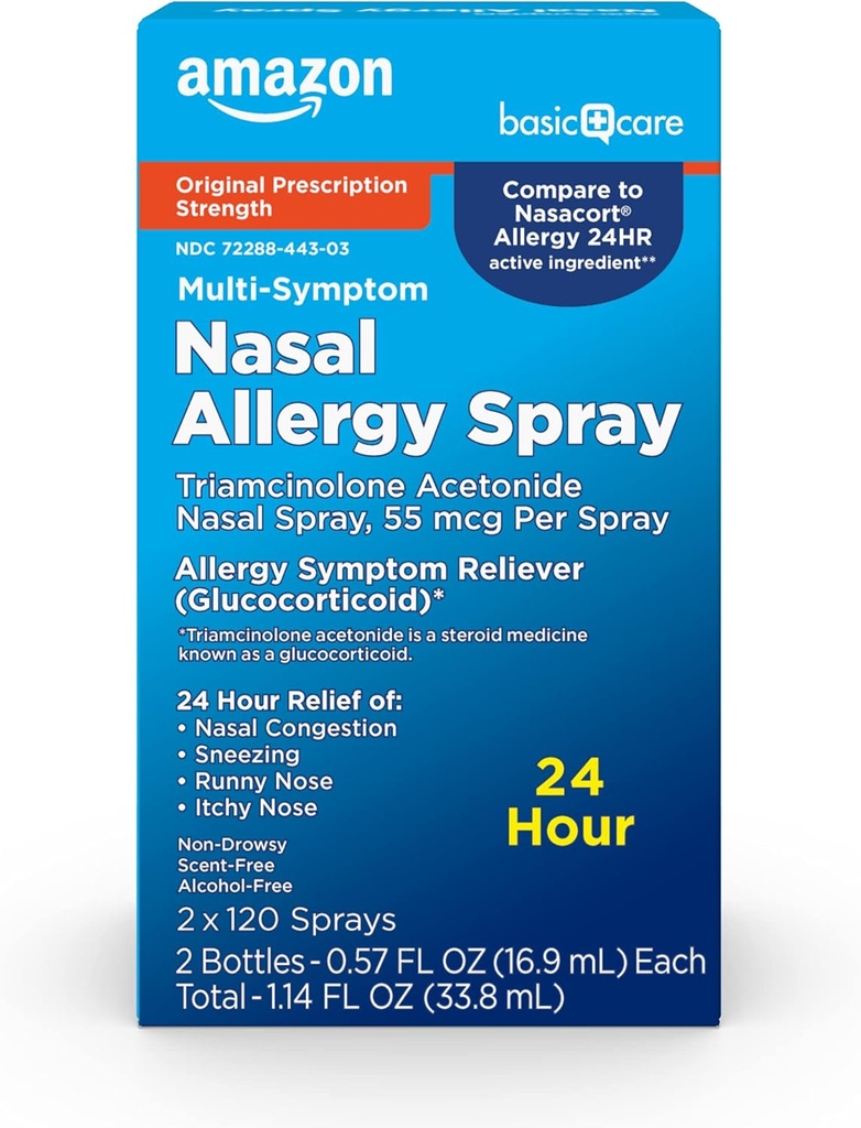 Soins de base Multisymptôme Triamcinolone Acétonide Allergie Nasale Spray, 55 mcg, 0,57 fl oz (paquet de 2)