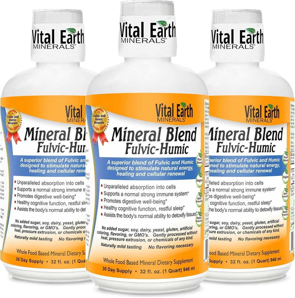 Minéraux de la Terre Vital Fulvic Humic Mineral Mix Liquid 3-Pack – Supplément Acid Fulvic avec 70+ Trace Minerals, Electrolytes pour la récupération, l'équilibre et l'énergie, 32 Oz Ea + 1 Oz Cup Ea