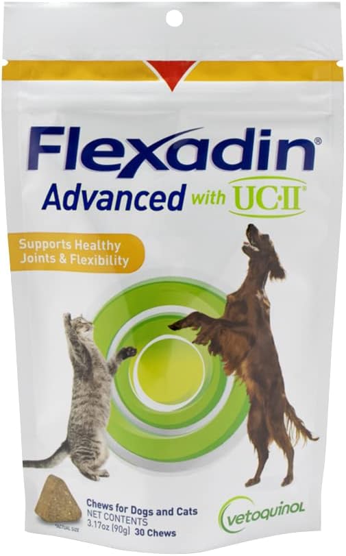 Vétoquinol Flexadin Hip avancé pour chien et supplément articulaire avec collagène non dénaturé, un chéw par jour Hip et soutien articulaire Chew pour chiens et chats, formule brevetée cliniquement, 30 chéws