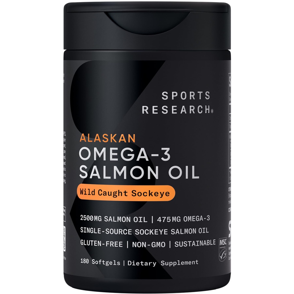 Sports Research® Salmon Oil - Sockeye sauvage de l'Alaska d'une source unique, 2500 mg par portion avec acides gras de l'EPA et de l'ADH.