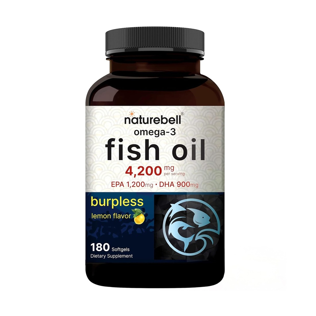 NatureBell Omega-3 Huile de poisson - 180 Softgels - Soutien à la santé articulaire, cérébrale et cardiaque* - avec EPA & DHA - Pas de Burps ou d'arrière-goût de poisson - Formule sans OGM et sans mercure - Arôme citron