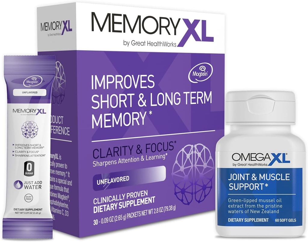 OmegaXL Joint Support Supplement, for Relief - Natural Muscle Support, Green Lipped Mussel Oil, 60 Count & MemoryXL, Magnesium L-Threonate: Brain Supplement for Memory & Focus Unflavored 30 Pack