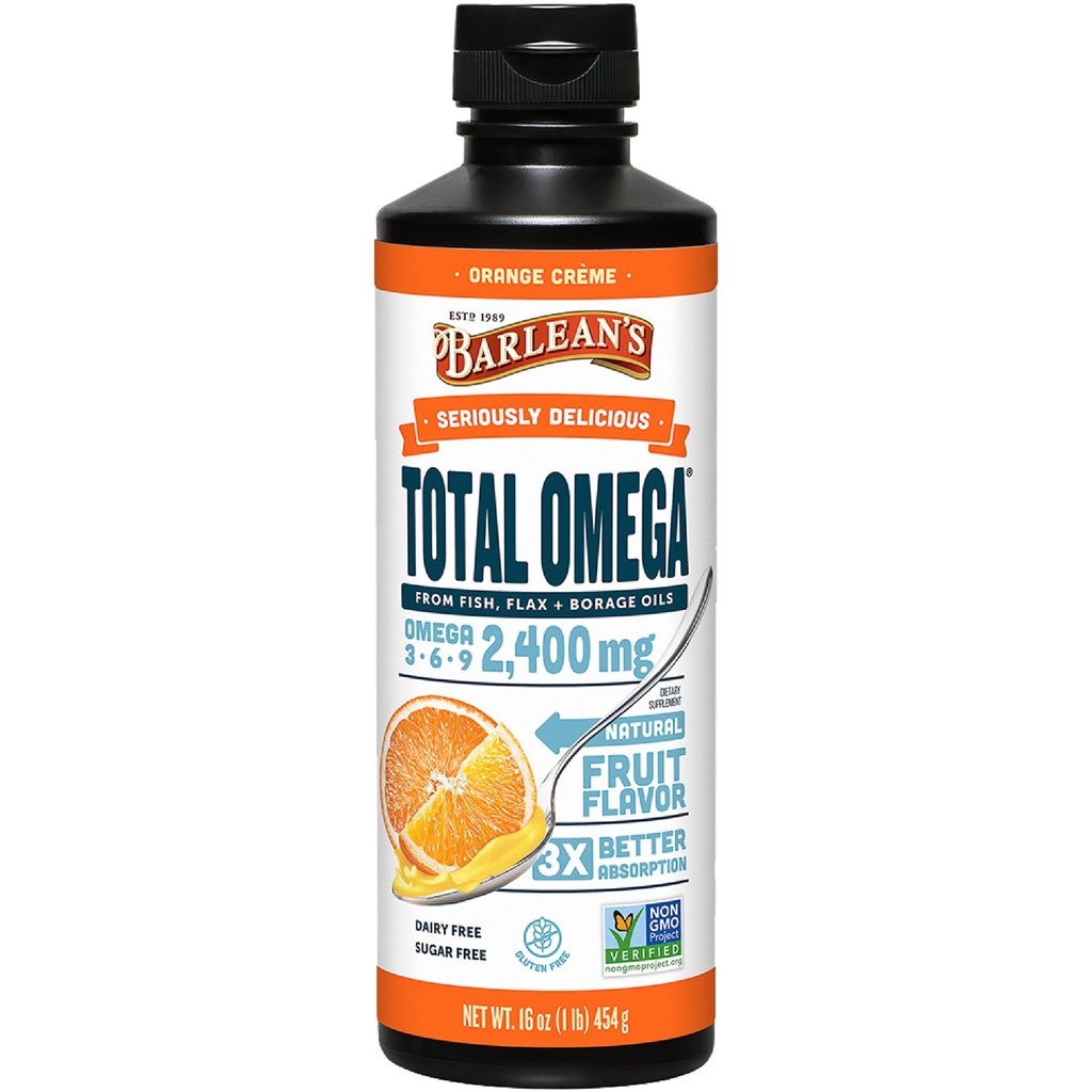 Barlean's Total Omega 3 6 9 Supplément d'huile de poisson liquide avec de l'huile de bore et de lin, crème orange, 2 400 mg d'EPA, d'acides gras DHA et GLA, 16 oz