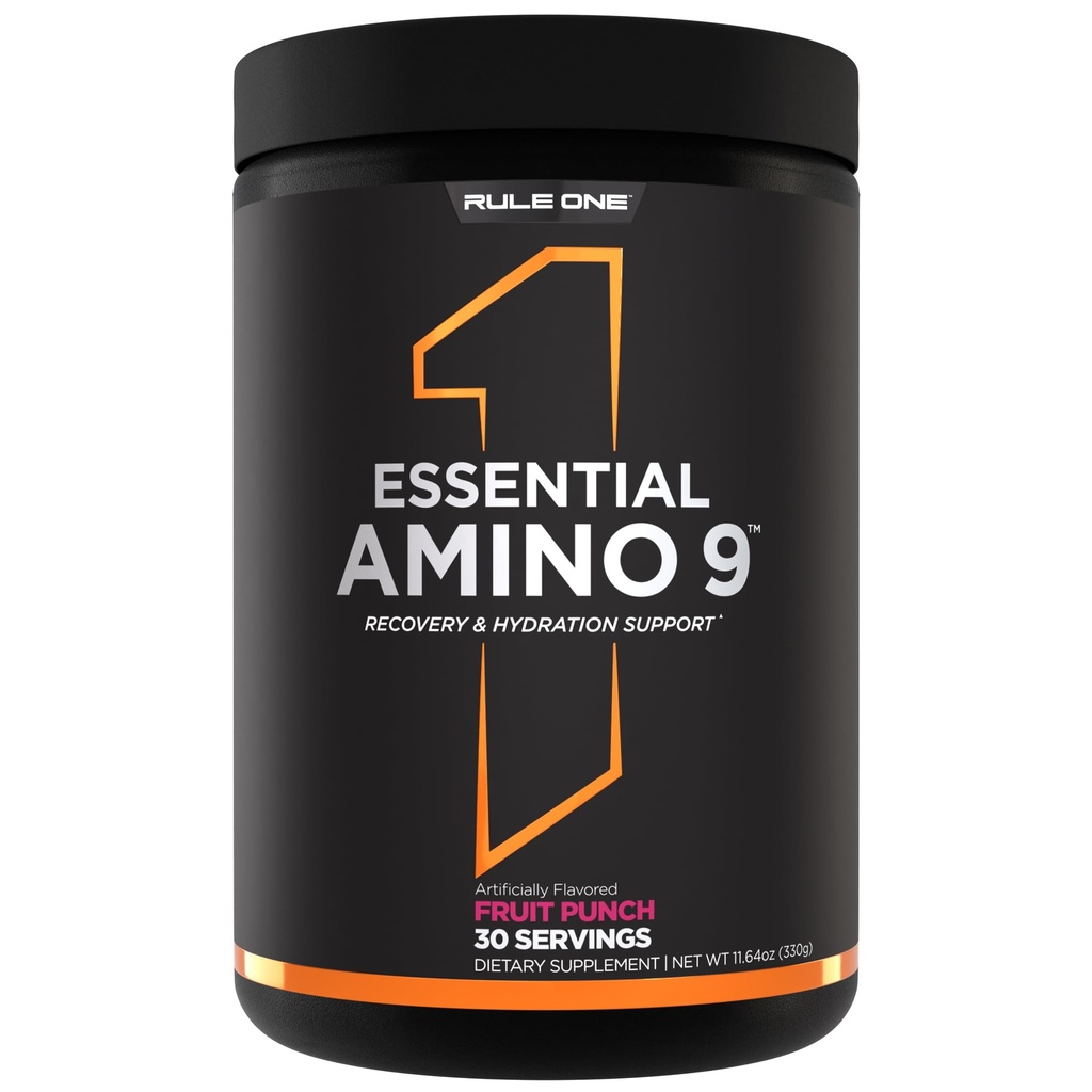 Règle 1 Protéines Amino essentiel 9 – Soutien de récupération et d'hydratation avec 7,5g d'acides aminés essentiels + électrolytes (30 portions, punch de fruits)