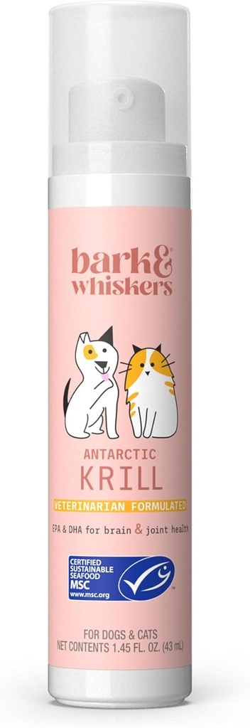 Bark & Whiskers Pompe à huile liquide Krill - Acides gras oméga-3 pour chats et chiens - Supports Confort articulaire, peau et fonction cérébrale - Support antioxydant - 1,45 Fl Oz (186 pompes)