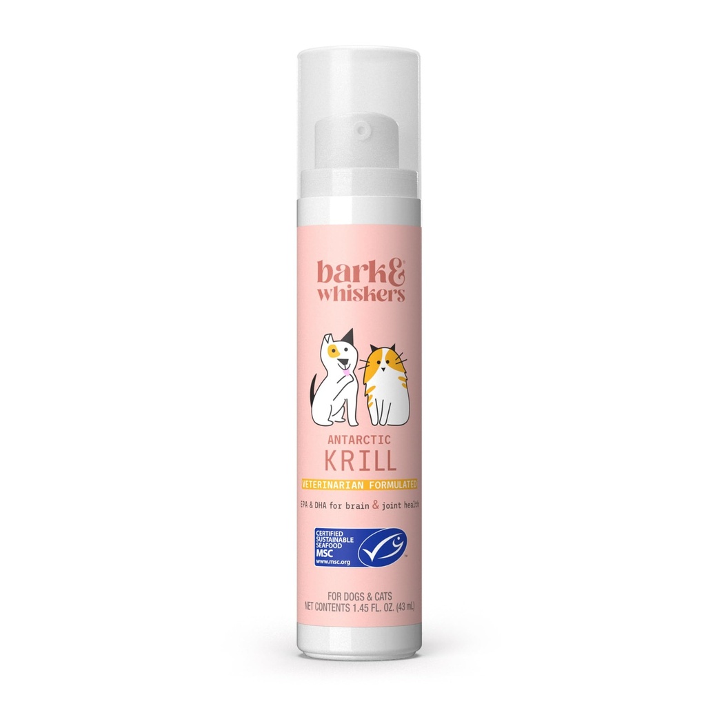 Bark & Whiskers Pompe à huile liquide Krill - Acides gras oméga-3 pour chats et chiens - Supports Confort articulaire, peau et fonction cérébrale - Support antioxydant - 1,45 Fl Oz (186 pompes)