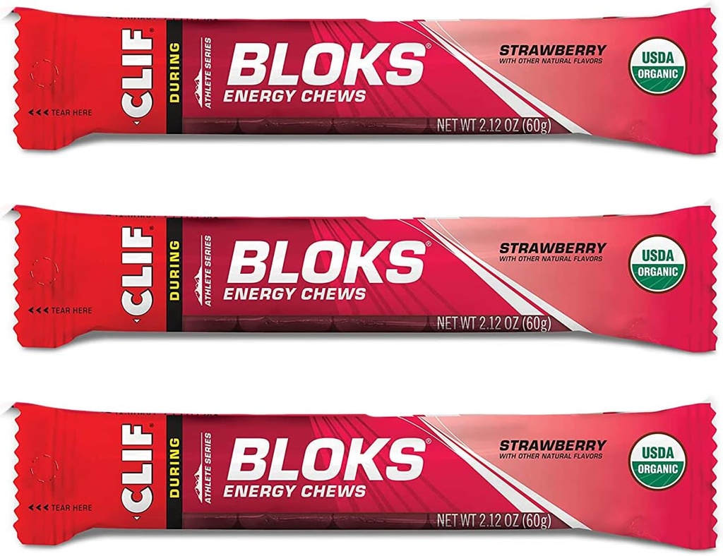 CLIF BLOKS - Chews énergétiques - Fraise- Non-OGM - Alimentation végétale - Carburant rapide pour le vélo et le snack de course (2.1 Ounce Packet, 3 comte)