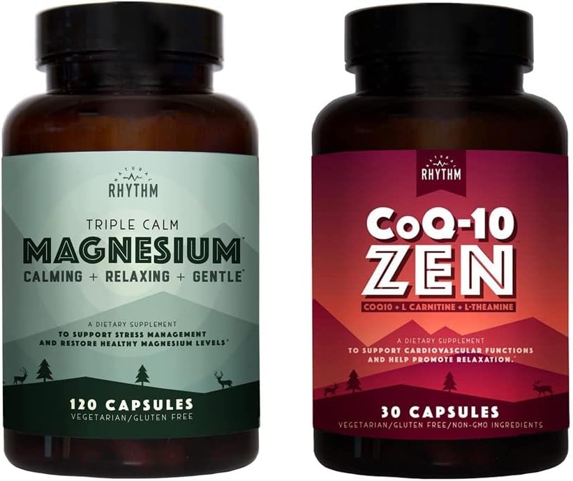 Rhythme naturel Cardio Calm Bundle - Triple Calm Magnésium 150mg, 120 Capsules + CoQ10-ZEN (Coenzyme Q10 + L-Carnitine + L-Theanine), 30 Capsules