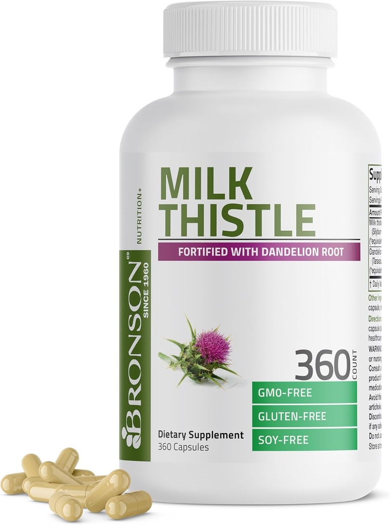 Bronson Thistle de lait Silymarin Marianum & Dandelion Root Liver Health Support, Antioxydant Support, Detox, 360 Capsules