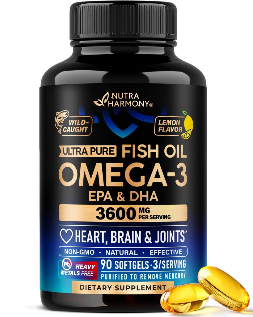 Omega 3 Huile de poisson 3600 mg - Supplément Omega 3 EPA & DHA - Métaux lourds Libres - Coeur, Cerveau et Soutien articulaire - Huile de poisson purifiée pour les hommes et les femmes - Saveur de citron - Fabriqué aux États-Unis, 90 Softgels