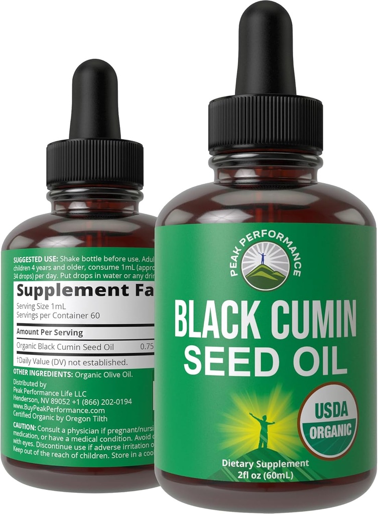 Supplément de gouttes liquides d'huile de graine noire biologique USDA. Huile de graines de cumin noir végétalienne pour les femmes et les hommes. Zéro sucre, non amer. pour Immune, Digestion + Support respiratoire. Haute biodisponibilité, sans gluten