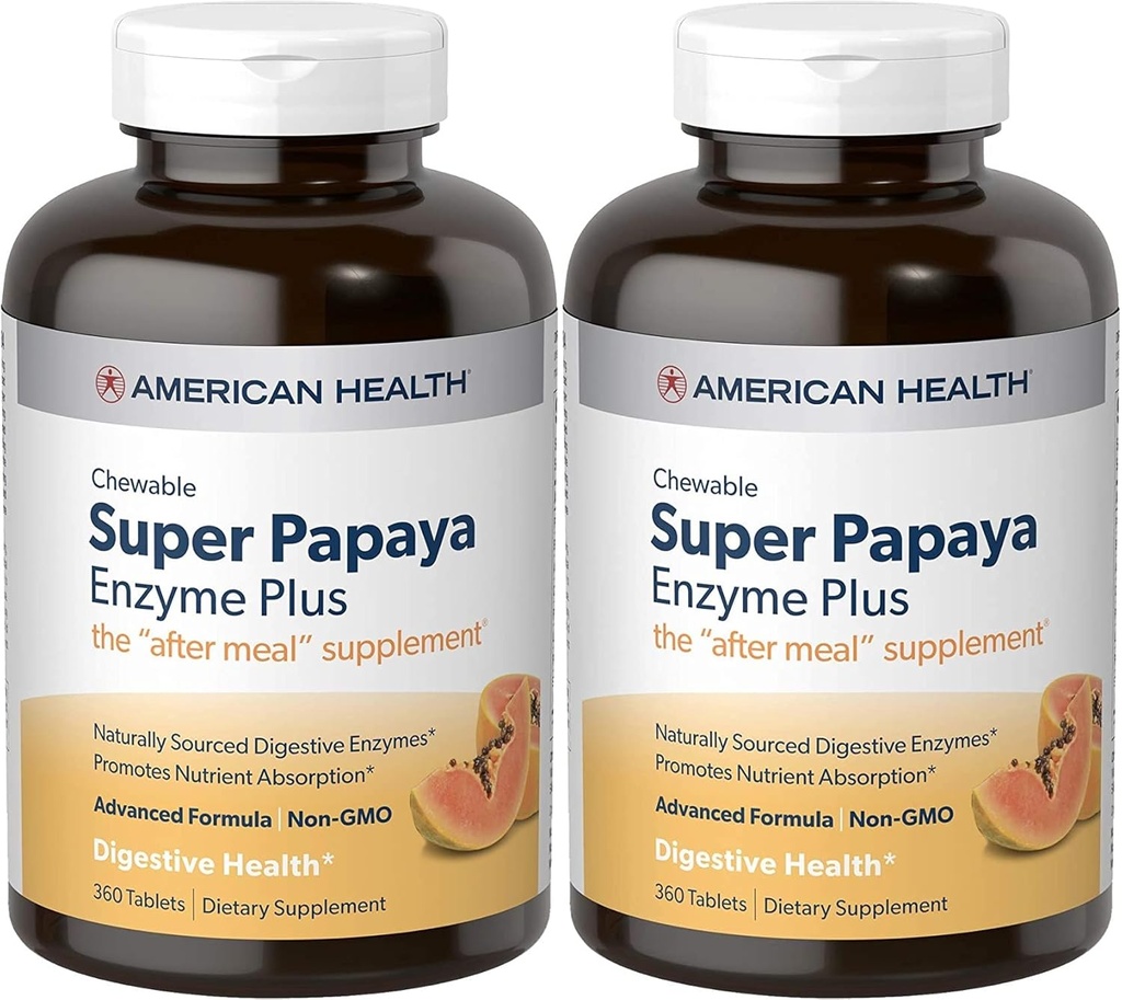 American Health Super Papaya Enzyme Plus Comprimés à croquer, naturel Papaya Flavor - Promote la digestion et l'absorption des nutriments, contient de la papaine et d'autres enzymes - 360 Compte - Pack de 2